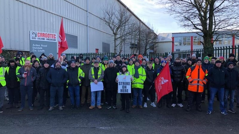 Workers on strike at the Cargotech factory in Dundalk