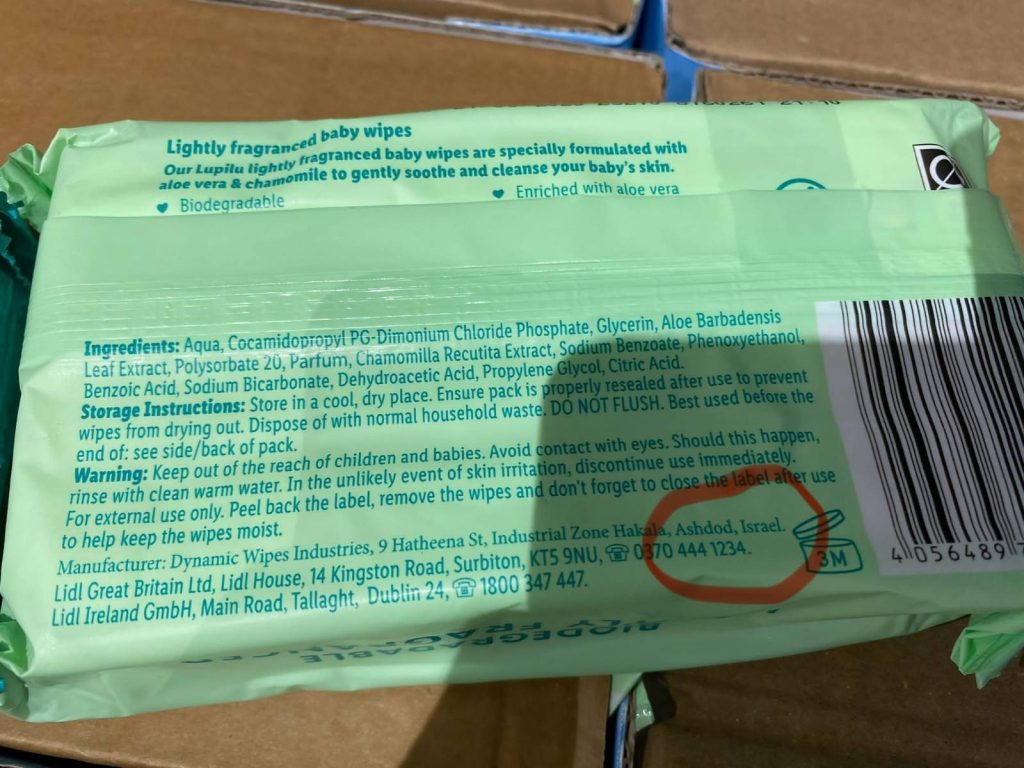 The back of a packet of Lupilu baby wipes, with the place of origin circled in red: "Ashdod, Israel".